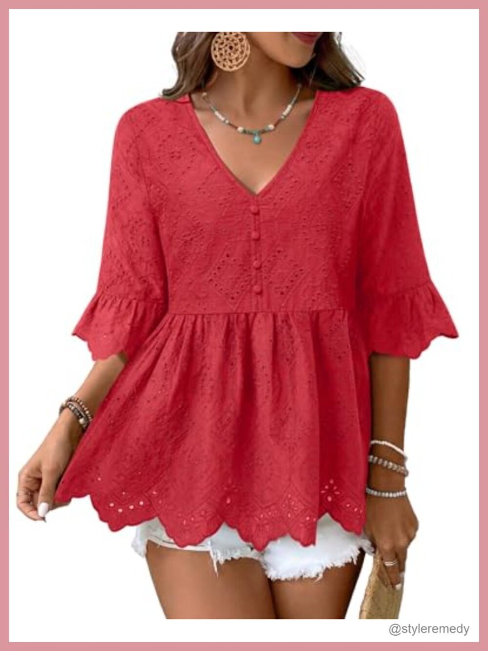 Messic Womens Boho Eyelet Blouse Cotton Ruffle Sleeve Babydoll Top